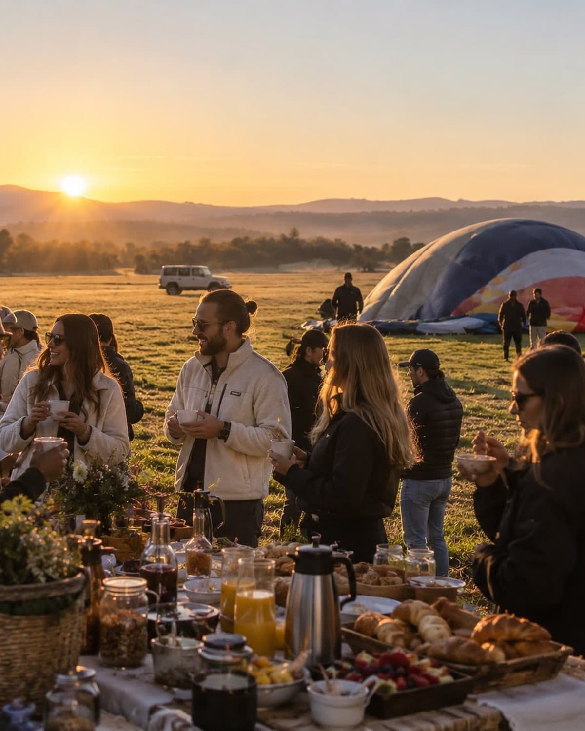 Petit-déjeuner dressé au lever du soleil, après le vol